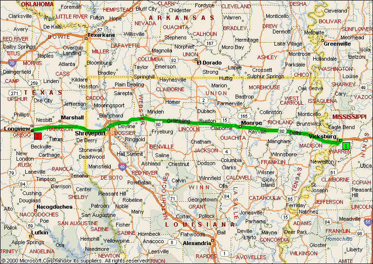 Day 43: Map: Vicksburg, MS to Longview, TX